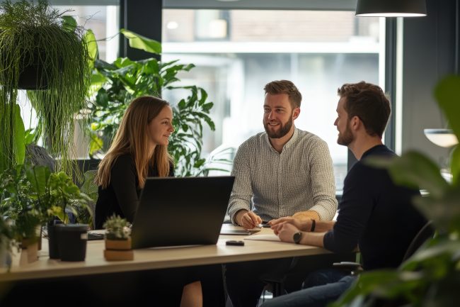 Sustainable office digital agency green design. Image of a creative team working in a bright, plant-filled workspace — symbolising a digital agency with a sustainable outlook.