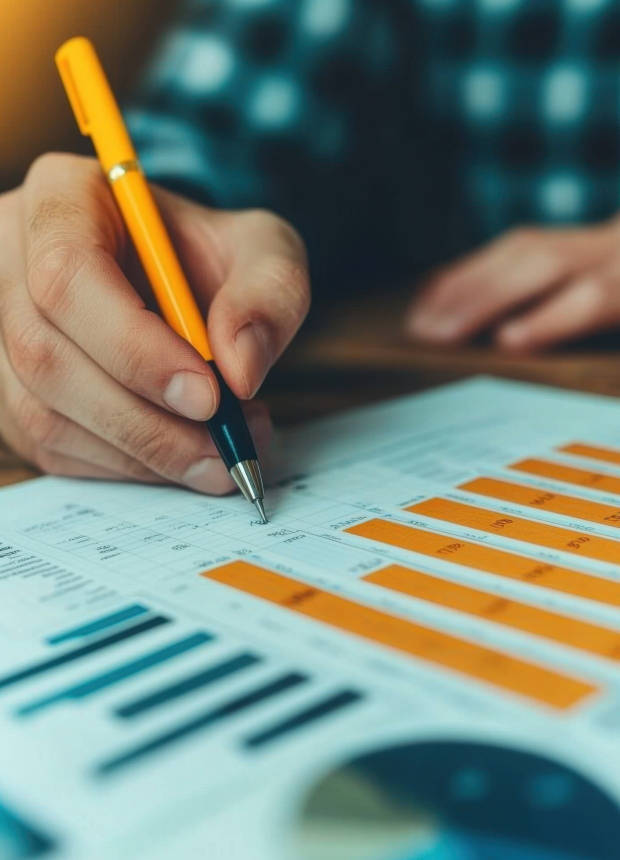 A hand holding a pen, analyzing charts and graphs on a document with financial data, showcasing business insights and strategy.