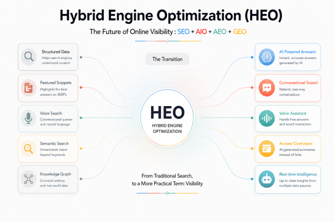 What is HEO? A layered diagram showing the same piece of content feeding three output channels — Google SERP, AI Overview, and an AI chat citation. Label it "One asset, three retrieval surfaces. SEO AIO AEO GEO"